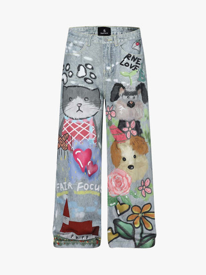 Denim Painted Animal Print Wide Leg Jeans with Cartoon Cat Dog Design 