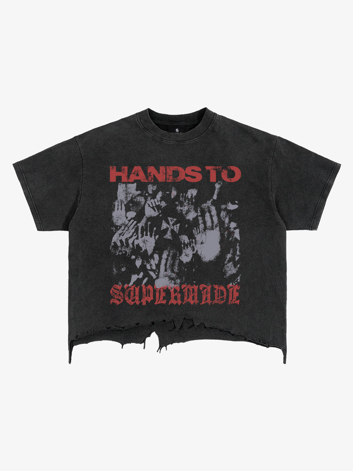 Washed black boxy graphic tee with a heavily distressed raw hem
