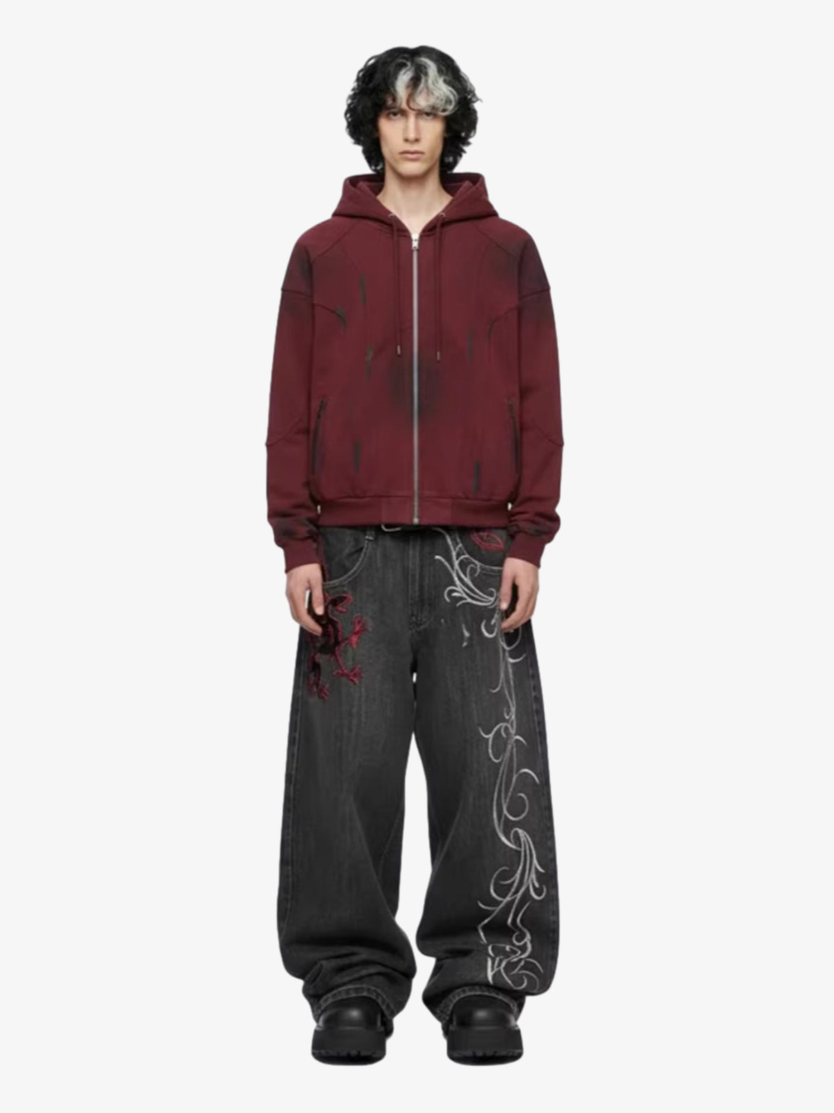 Denim Embroidered Dragon Pants with Rhinestone Belt - Gothic Streetwear Style 