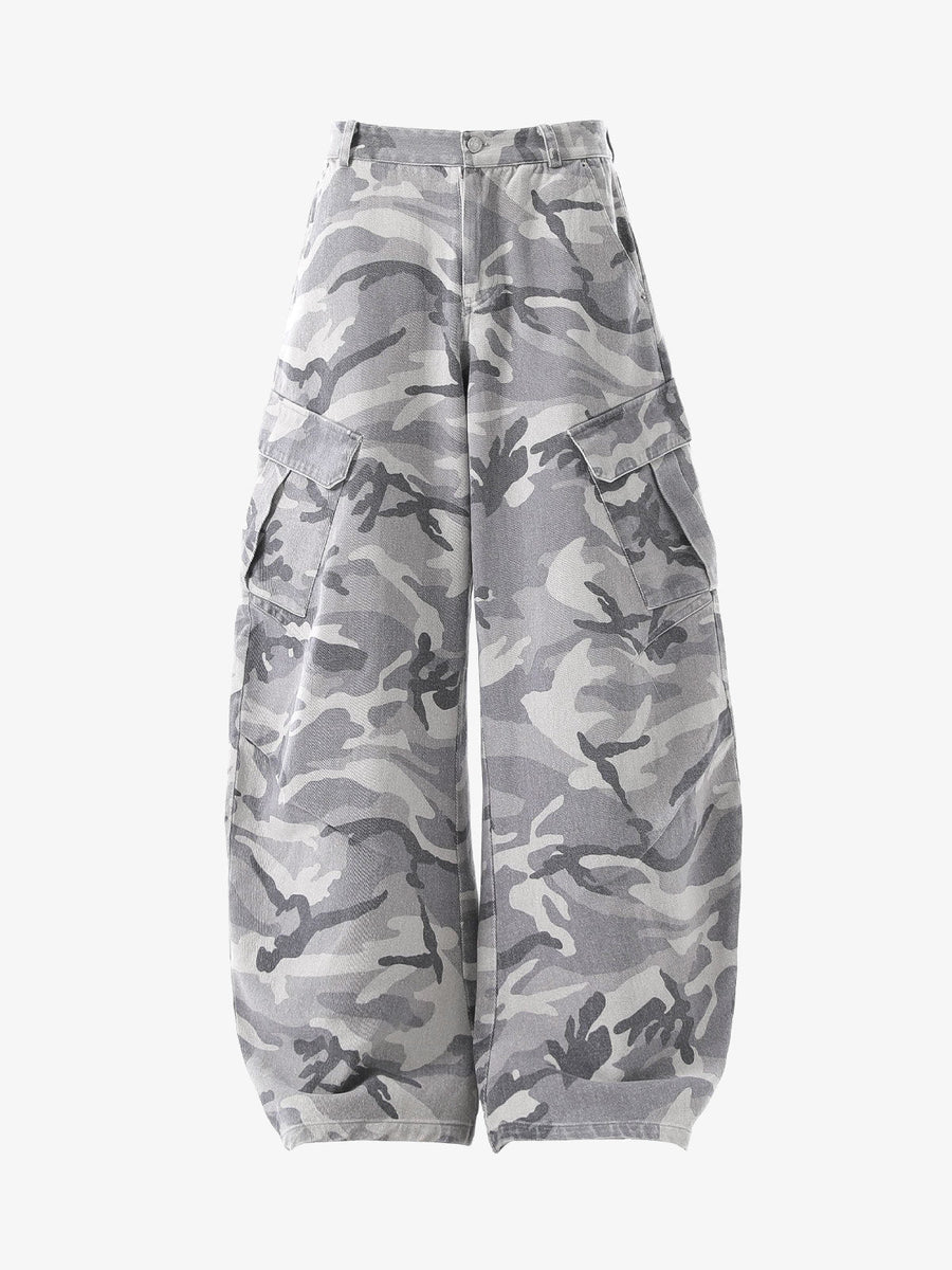 Snow Camouflage Machete Wide-Leg Cargo Barrel Pants - 2548 