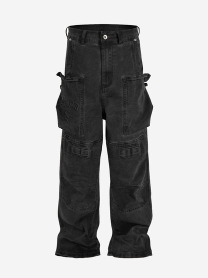 Scorpion-Embossed Multi-Pocket Distressed Cargo Jeans