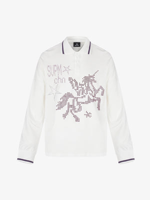 Letter Star Print Rhinestone Long-Sleeve Polo T-Shirt