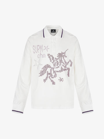 Letter Star Print Rhinestone Long-Sleeve Polo T-Shirt