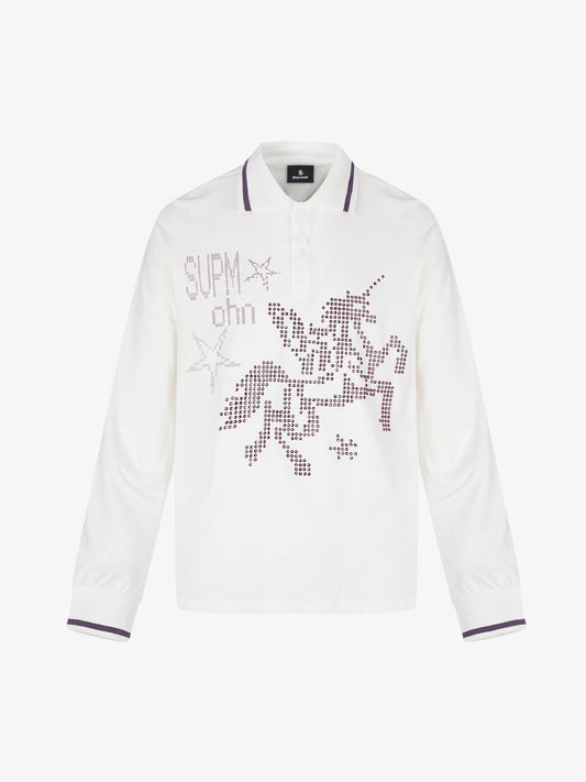 Langarm-Poloshirt mit Strasssteinen und Buchstaben- und Sternenprint