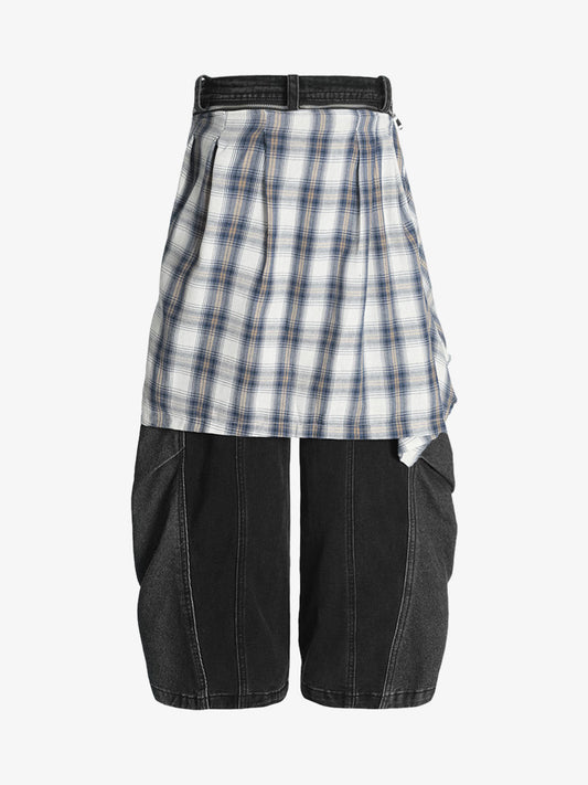 Faux Two-piece Plaid Detachable Scimitar Jeans 