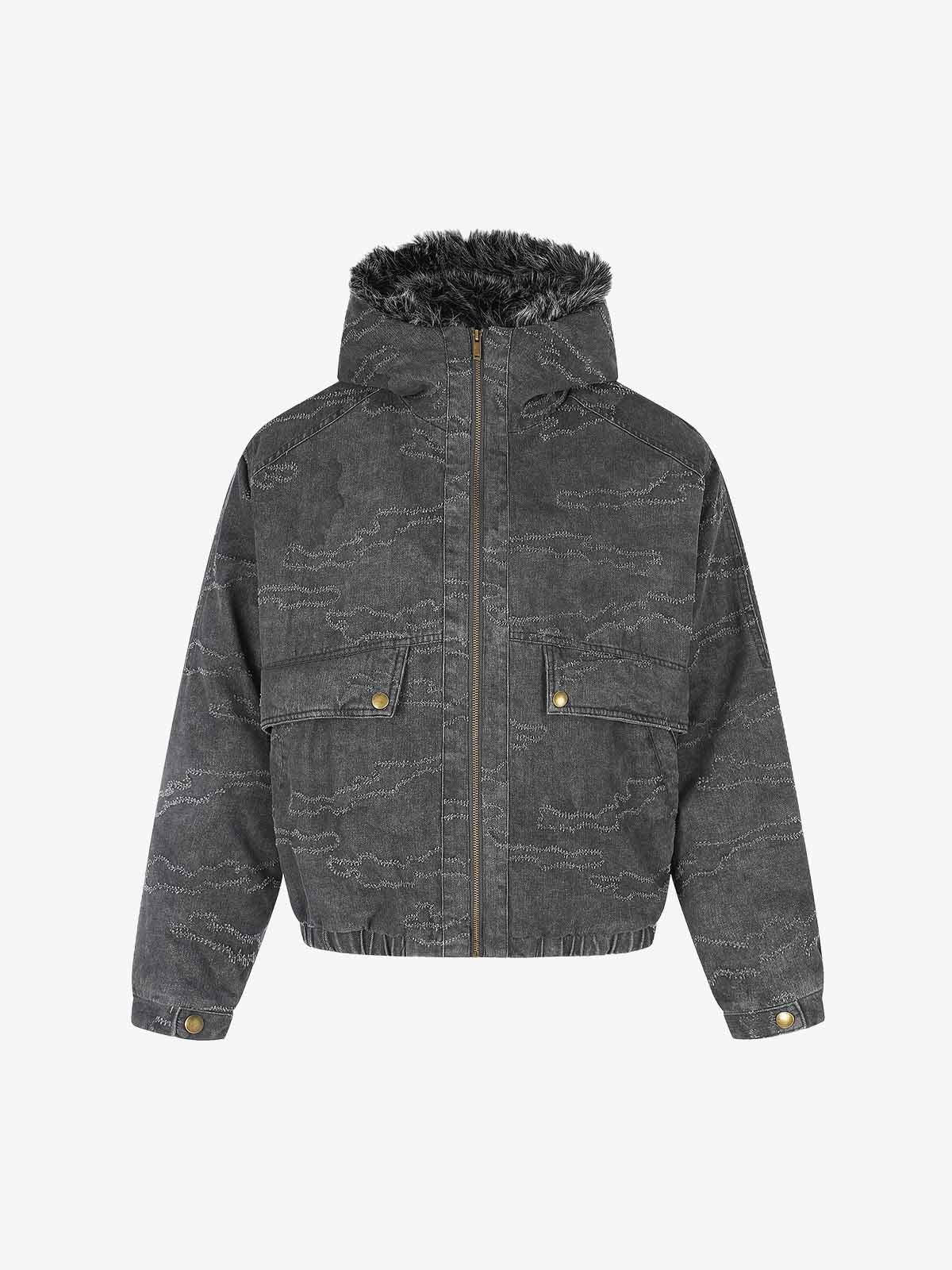 Distressed Faux-Fur Trim Hooded Utility Coat