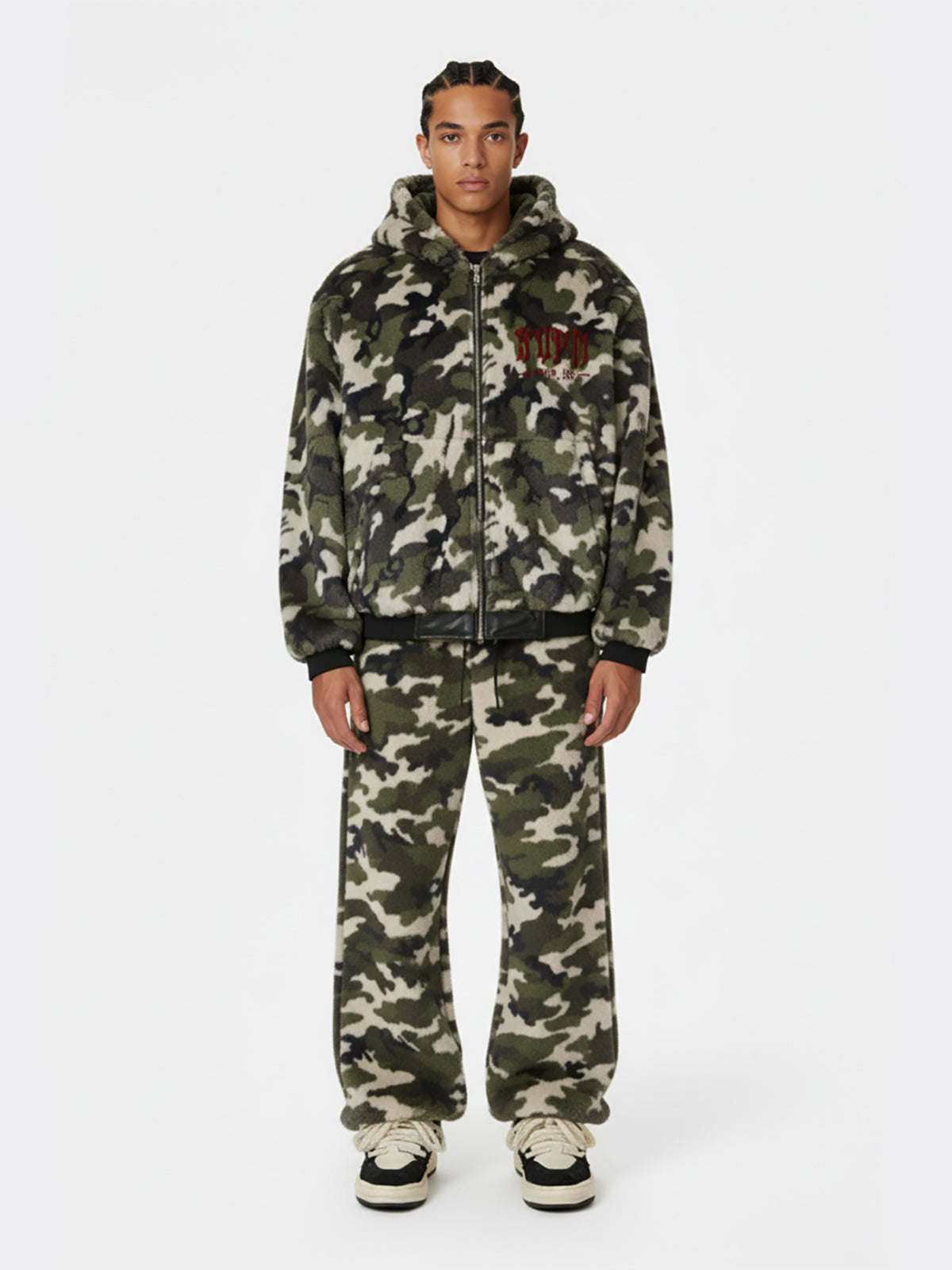 SUPM Letter Embroidery Camouflage Faux Fur Quilted Set