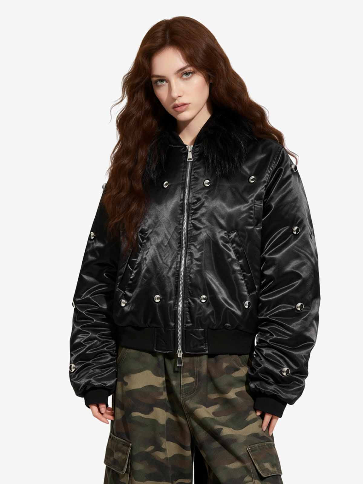 Detachable Faux Fur Collar Glossy Padded Bomber Jacket