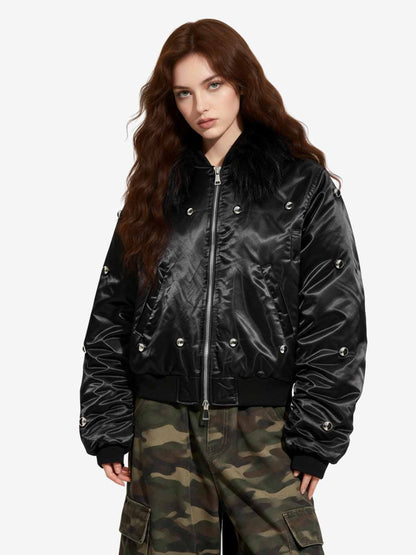 Detachable Faux Fur Collar Glossy Padded Bomber Jacket