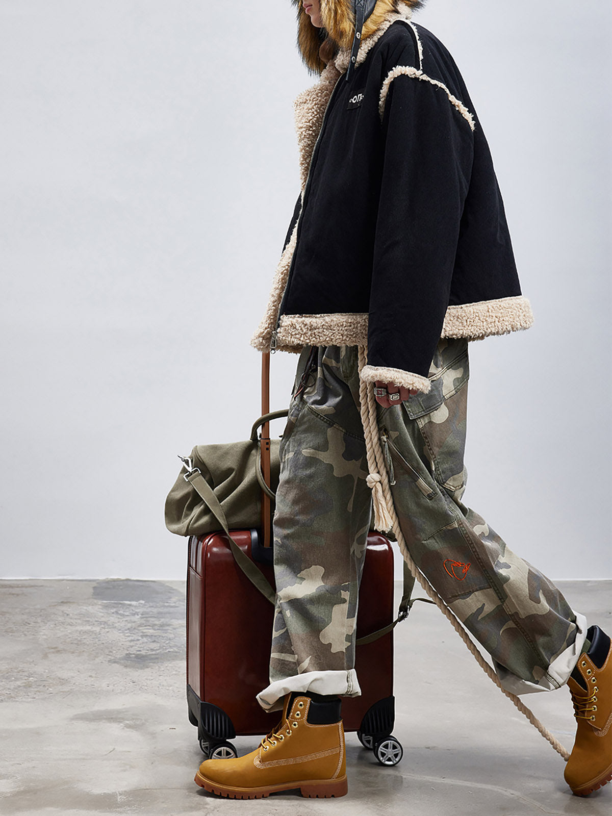 Fur Collar Zip Up Sherpa-Lined Jacket 