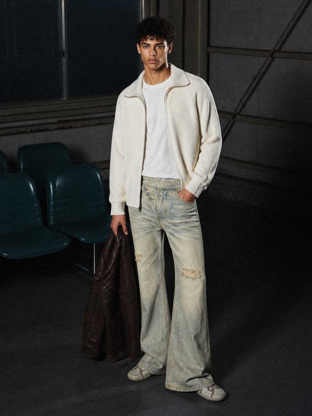Distressed Button Fly Bootcut Jeans