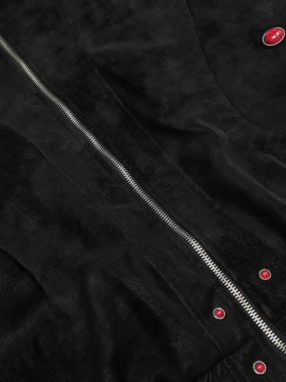 Retro Suede Faux Fur Collar Fleece Zip Up Bomber Jacket 