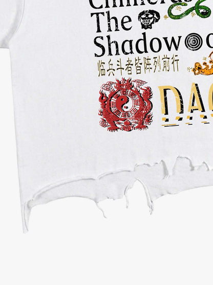 Distressed Cropped Graphic T-Shirt with Mythological Print
