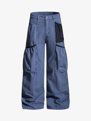 Industrielle graue Cargohose mit Mesh-Patchwork und mehreren Taschen