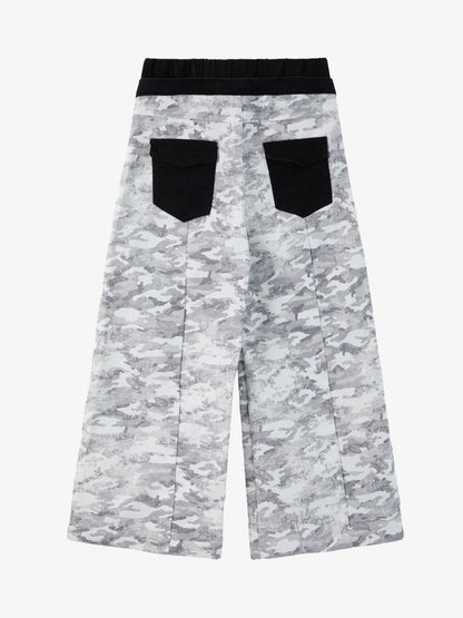 Cotton Blend Camouflage Wide Leg Pants with Drawstring Waist and Flag Patch 