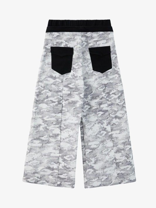 Cotton Blend Camouflage Wide Leg Pants with Drawstring Waist and Flag Patch 