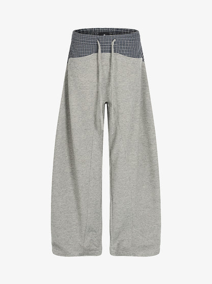 Contrast Check Waist Wide Leg Drawstring Sweatpants