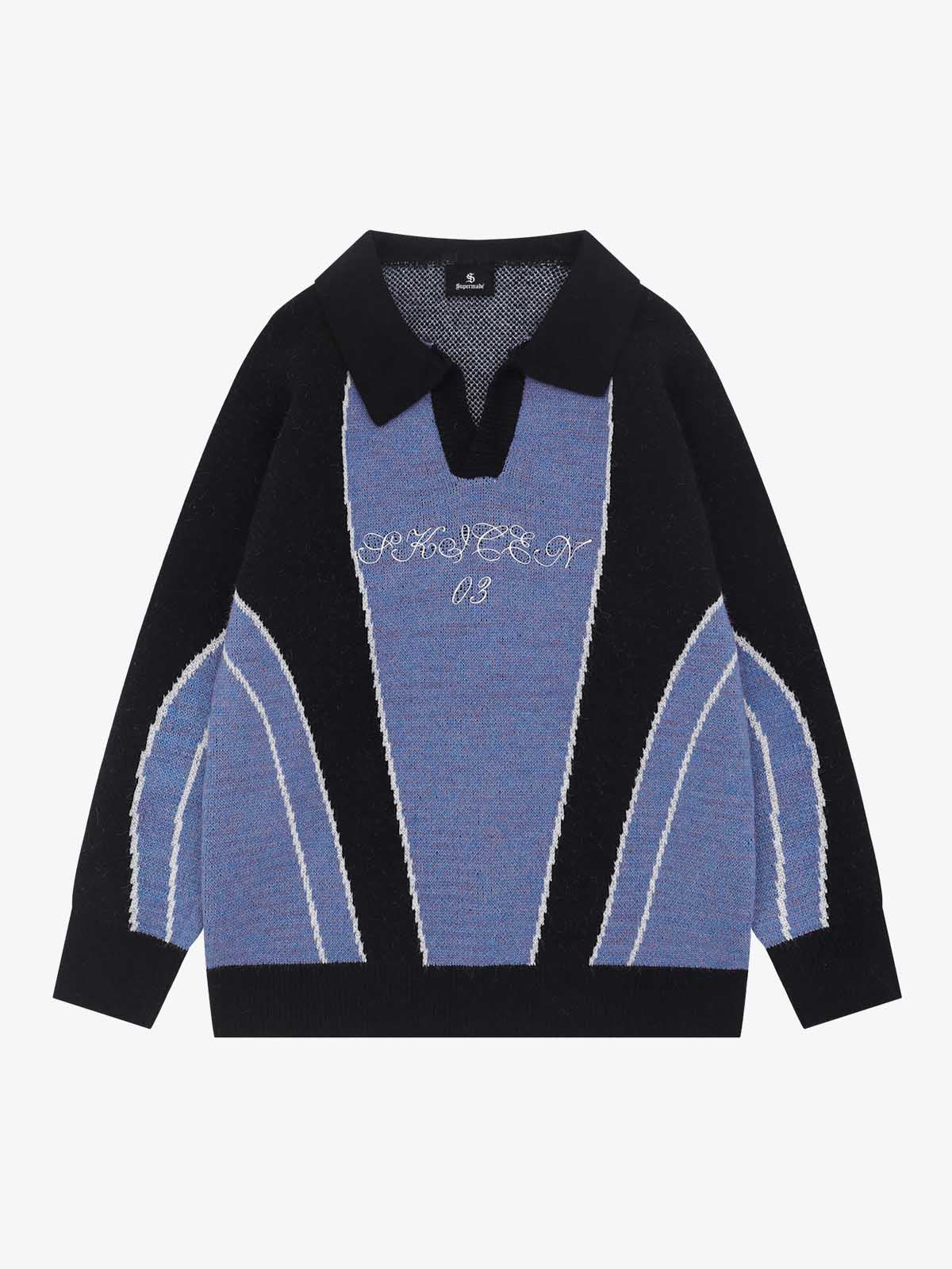 Contrast Panel Embroidered Polo Knit Sweater