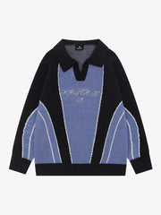 Contrast Panel Embroidered Polo Knit Sweater