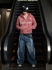 Embroidered Ripped Washed Distressed Zip Hoodie
