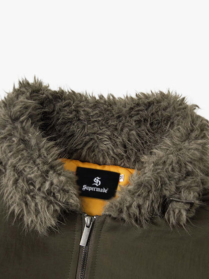 Olive Green Faux Fur Collar Padded Bomber Jacket 