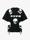 Oversized Flame Logo Skull Print T-Shirt with Distressed Hem 
