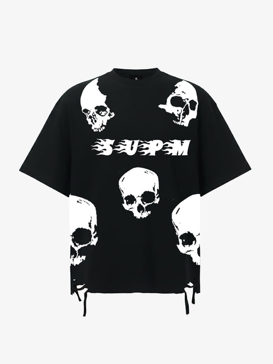 Oversized Flame Logo Skull Print T-Shirt with Distressed Hem 