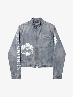 Anti-War Graphic Stand-Collar Denim Zip Jacket