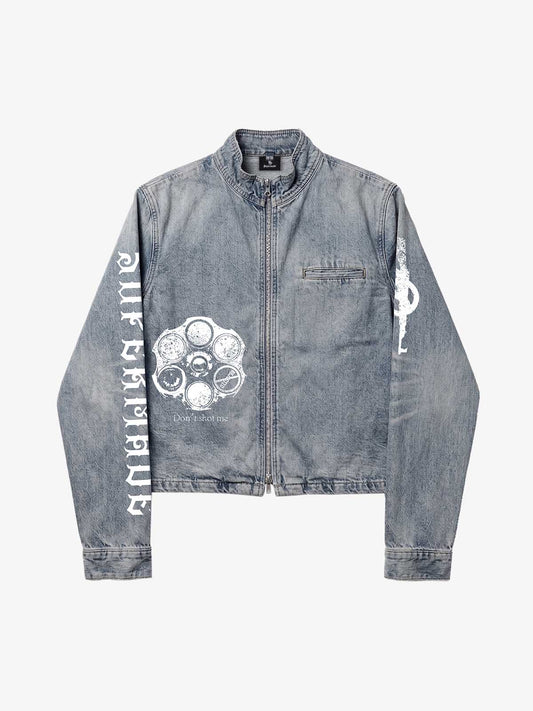 Anti-War Graphic Stand-Collar Denim Zip Jacket