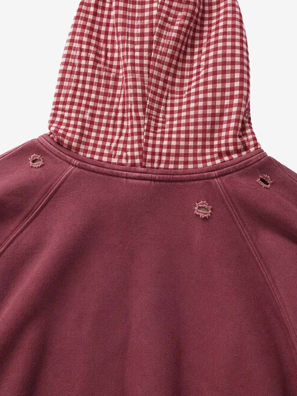 Plaid Paneled Distressed Cropped Zip Hoodie