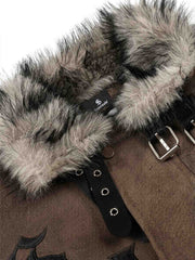 Embroidered Faux-Fur Collar Oversized Distressed Bomber Jacket