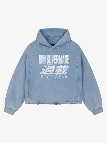 Racing Letter Flame Graphic Distressed Cropped Hoodie