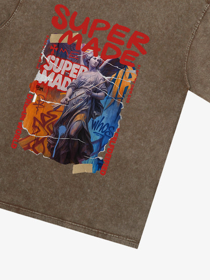 Cotton Blend SUPERMADE Sculpture Sraffiti Sticker Pattern T-Shirt 