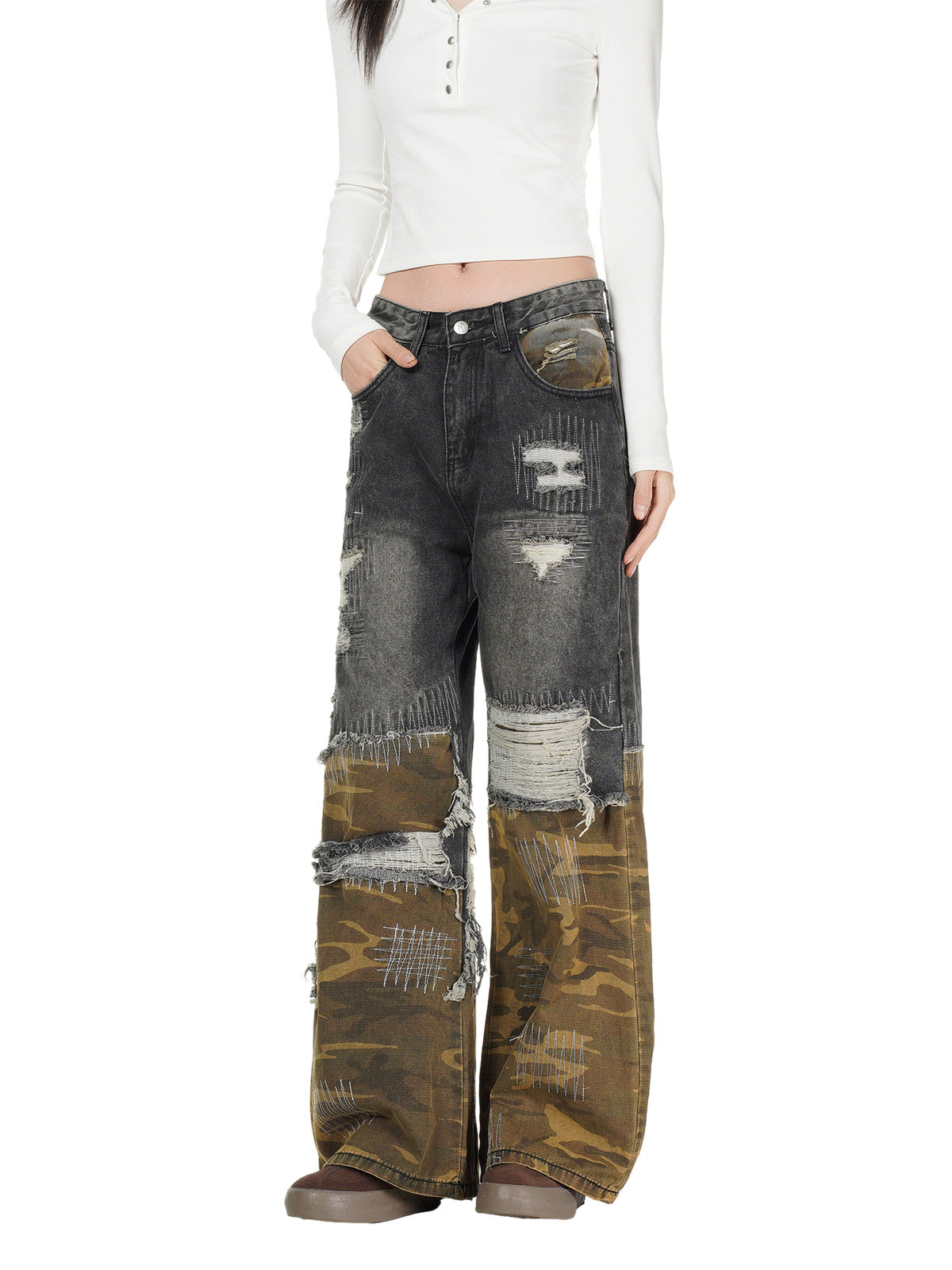 Distressed Camouflage Patchwork Jeans 
