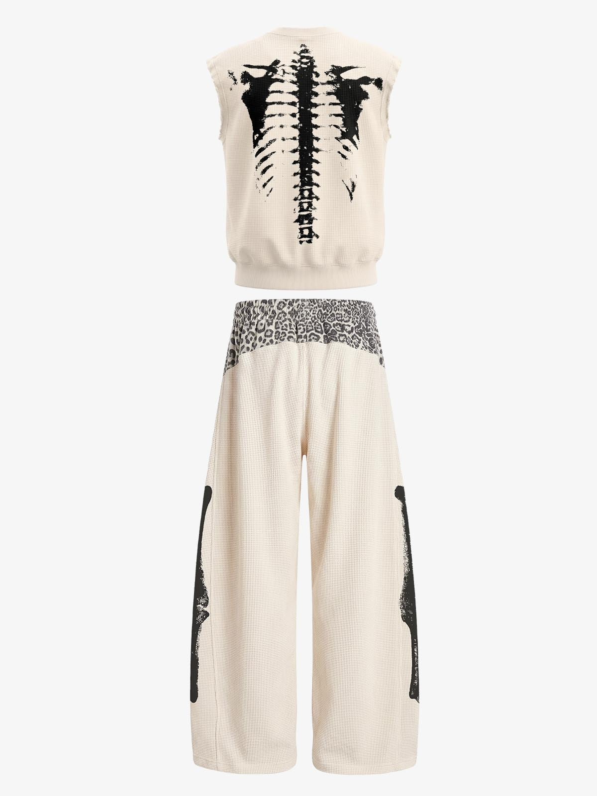 Unisex waffle-print street casual suit, featuring a skull-print sleeveless top and leopard-print patchwork wide-leg pants. 