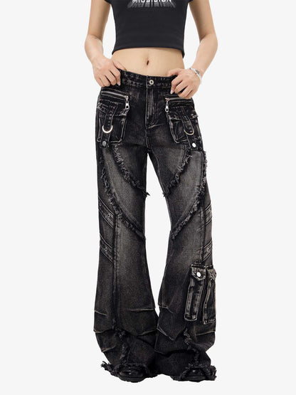 V-Seam Raw Edge Panel Distressed Utility Denim Jeans