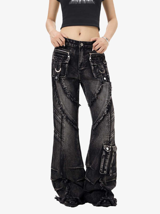 V-Seam Raw Edge Panel Distressed Utility Denim Jeans