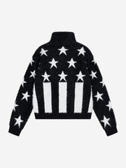 Star Stripe Embroidered Stand-Collar Zip Knit Sweater