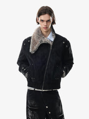 Oversized Faux-Fur Collar Distressed Bomber Coat