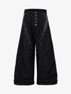 Black Denim Wide-Leg Cropped Pants with Leather Panels and Stud Details 