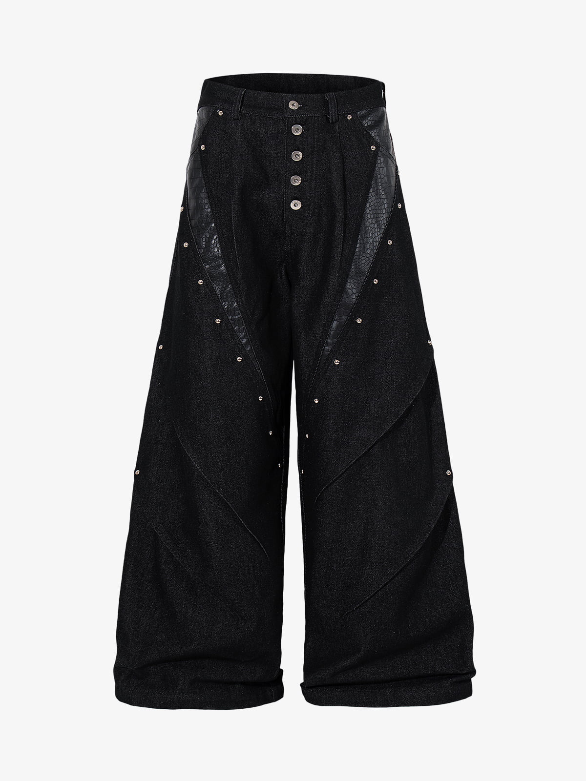 Black Denim Wide-Leg Cropped Pants with Leather Panels and Stud Details 