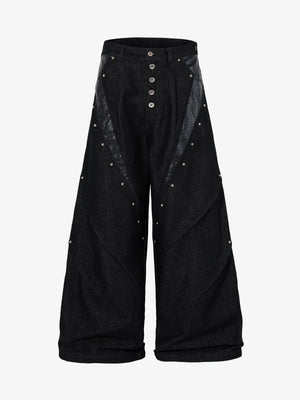 Black Denim Wide-Leg Cropped Pants with Leather Panels and Stud Details 