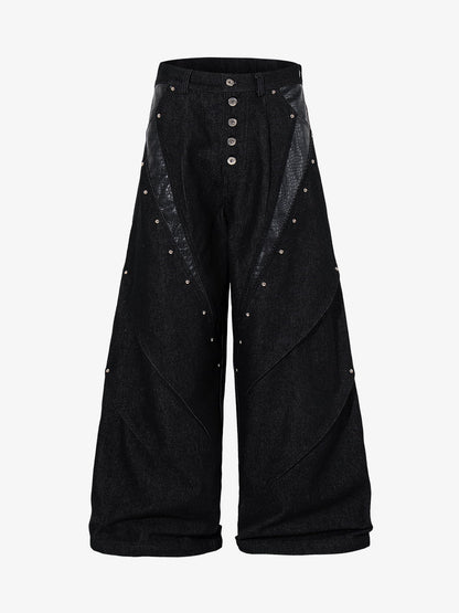 Black Denim Wide-Leg Cropped Pants with Leather Panels and Stud Details 