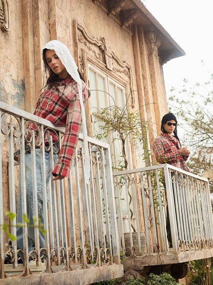 Cotton Plaid Shirt with Paint Splatter Design, Distressed Hem and Pockets, Casual Men's Long Sleeve Button-Up Jacket 