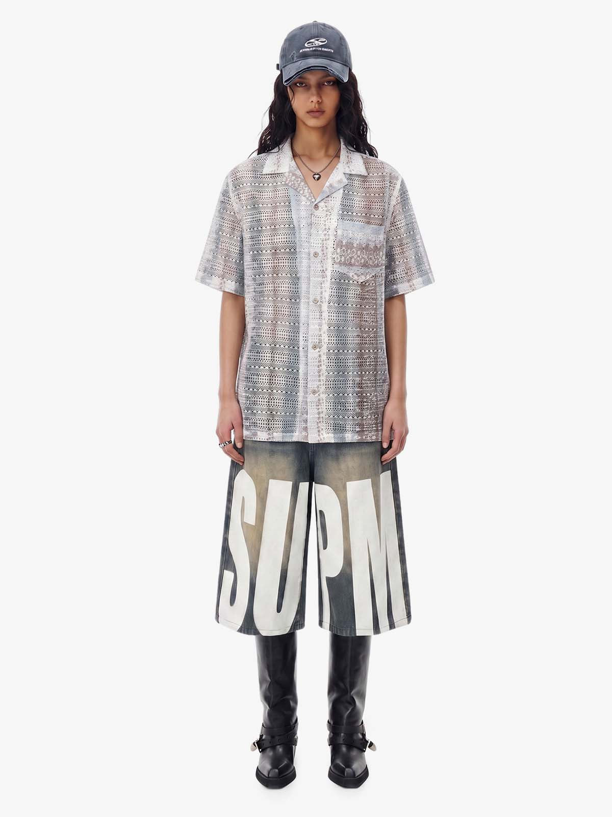 Bohemian Lace Cutout Camp Collar Boxy Shirt 