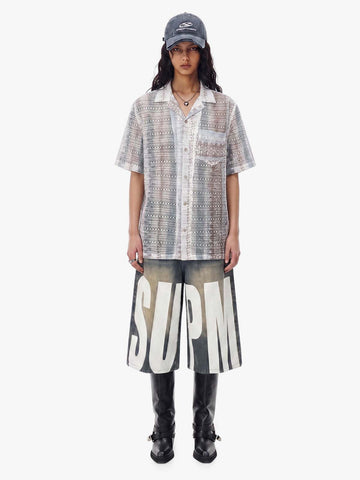 Bohemian Lace Cutout Camp Collar Boxy Shirt 