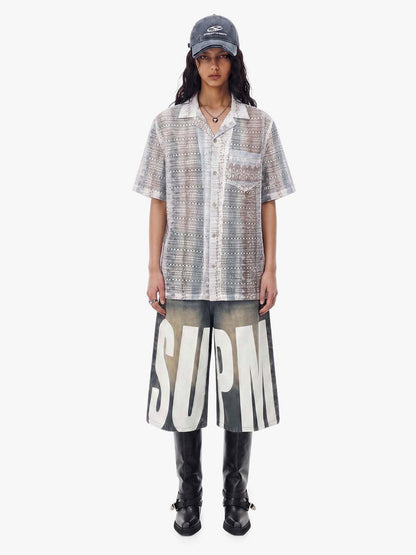 Bohemian Lace Cutout Camp Collar Boxy Shirt 
