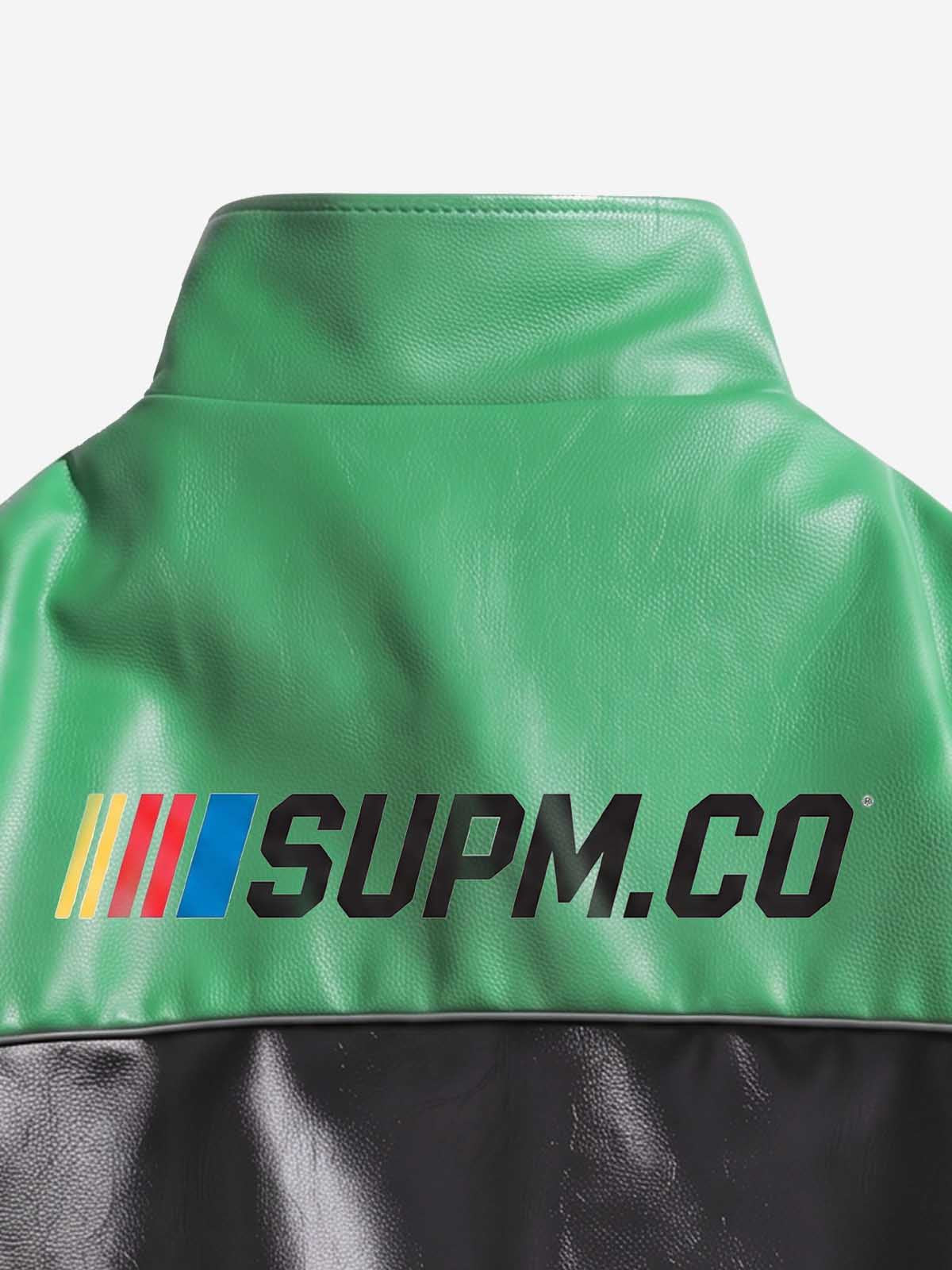 Asymmetric Racing Graphic Color Block Faux Leather Jacket