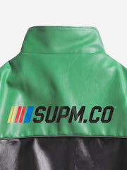Asymmetric Racing Graphic Color Block Faux Leather Jacket