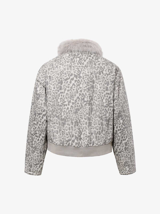 Vintage Leopard Fleece Faux Fur Collar Panel Trim Padded Jacket 